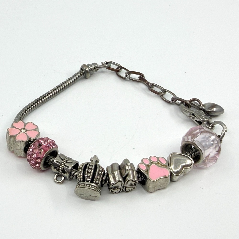Silver Tone Charm Bracelet Pink Crystal Crown Paw Heart Aesthetic Y2K Jewelry